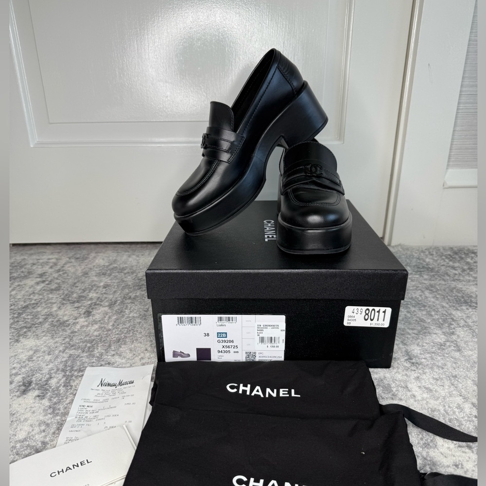 Authentic CHANEL Black Leather Platform Shoes with Dust bags and Original Box